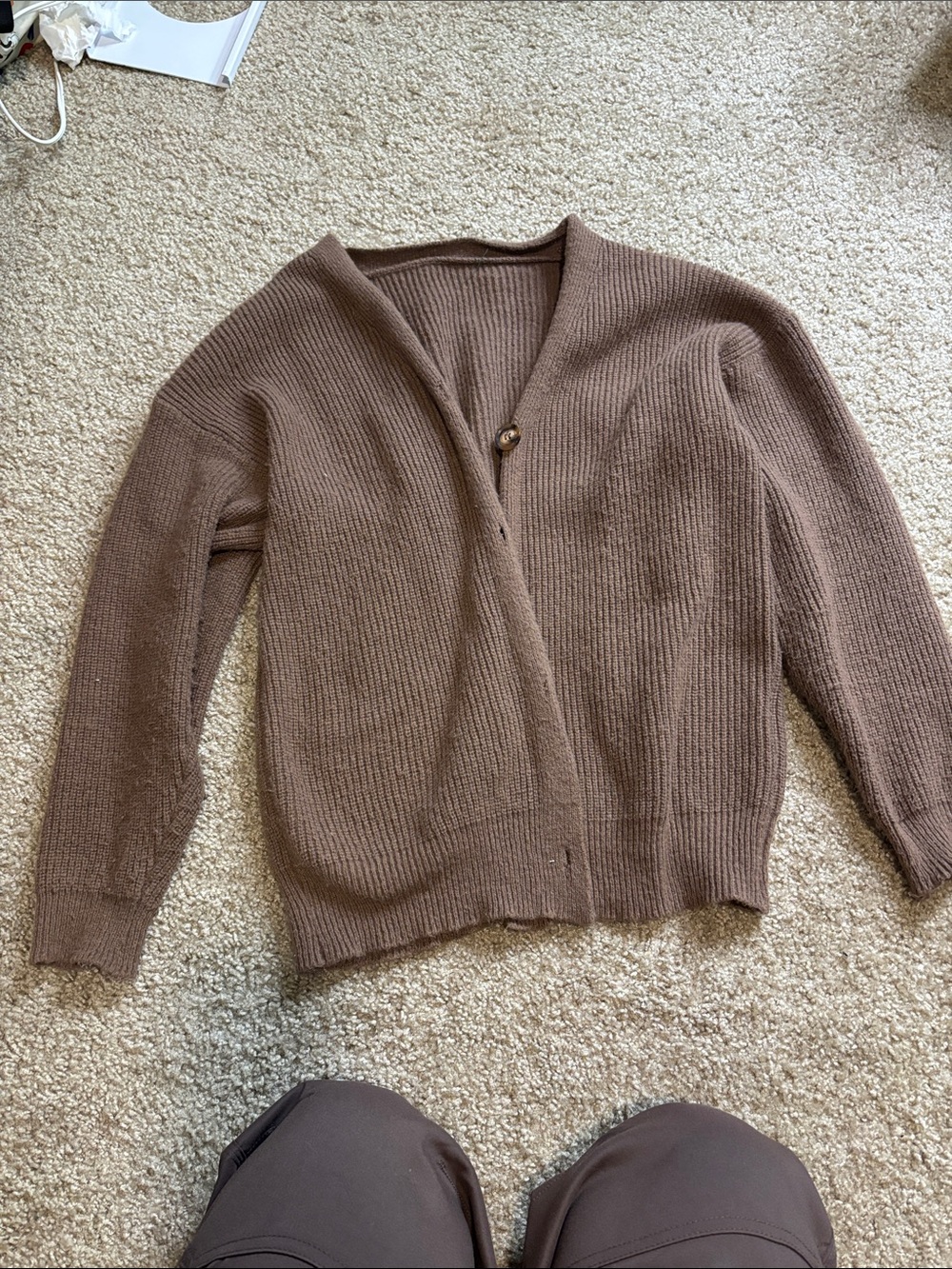 Brown V-Neck Ribbed Knit Women's Sweater